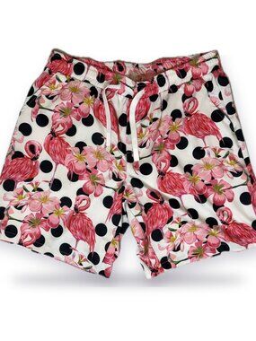 JOGAL Men's Flamingo Polka Dot Beach Shorts Pink White Tropical Hawaiian L